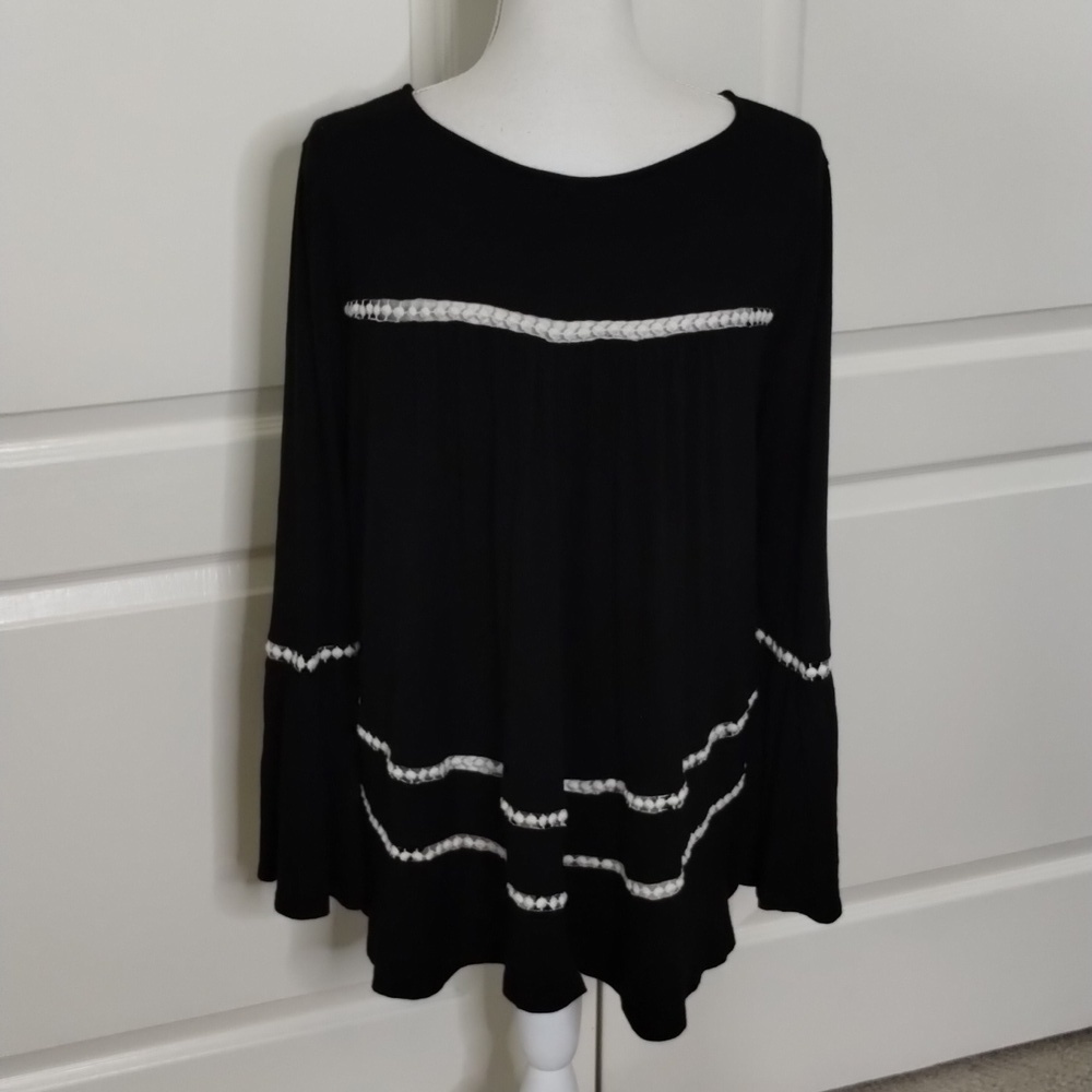 LAPIS black & ivory flowy crochet lace blouse wide sleeve size large - Picture 6 of 12